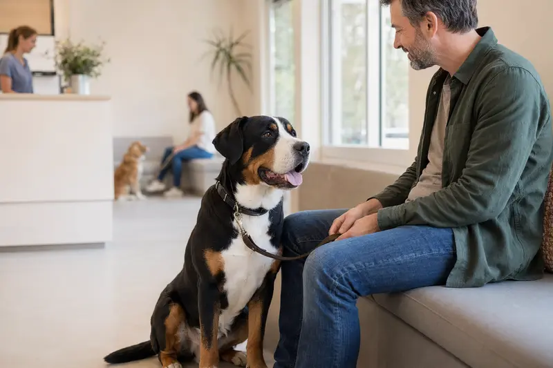 Ein Großer Schweizer Sennenhund sitzt ruhig neben seinem Besitzer im hellen Wartezimmer einer modernen Tierarztpraxis.